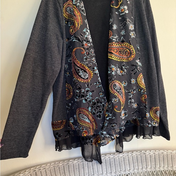 Mystree Charcoal Cardigan with Paisley Burnout Scarf Accents - Picture 2 of 9